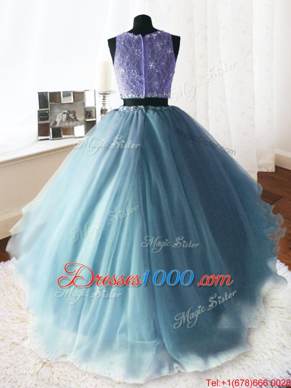 Inexpensive Brush Train Ball Gowns 15 Quinceanera Dress Baby Blue Scoop Organza and Tulle and Lace Sleeveless With Train Zipper