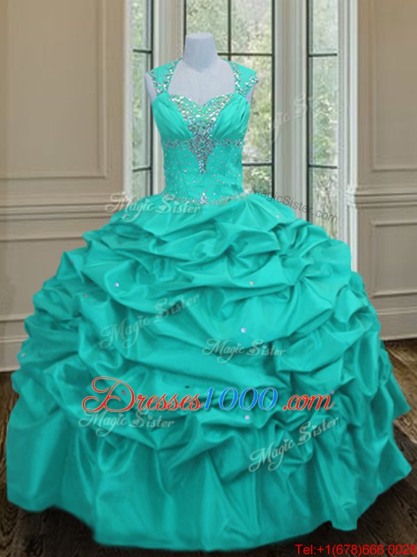 Sweet Aqua Blue Vestidos de Quinceanera Military Ball and Sweet 16 and Quinceanera and For with Beading and Pick Ups Straps Sleeveless Lace Up