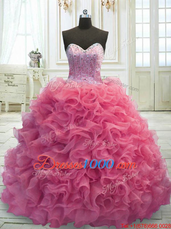 Latest Rose Pink Lace Up Sweetheart Beading and Ruffles Quinceanera Gowns Organza Sleeveless Sweep Train