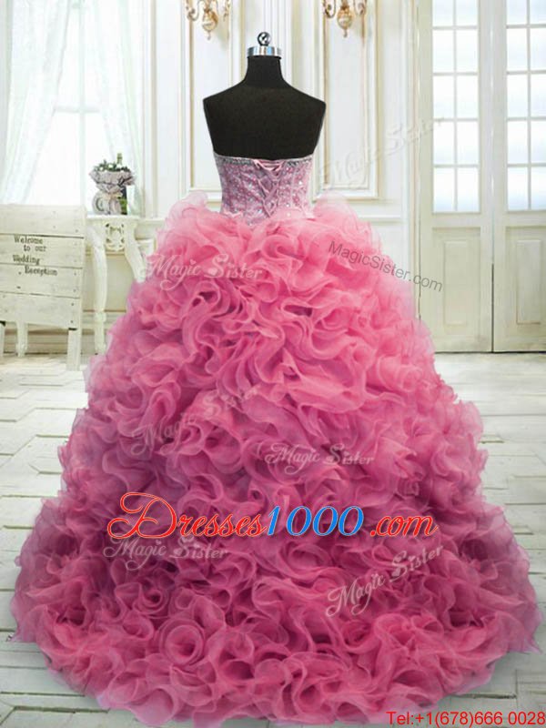 Latest Rose Pink Lace Up Sweetheart Beading and Ruffles Quinceanera Gowns Organza Sleeveless Sweep Train