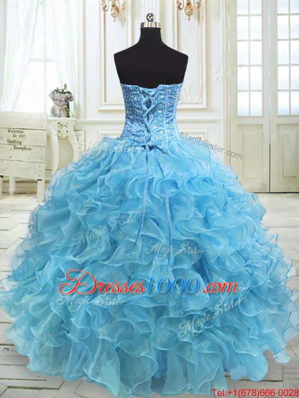 Pretty Green Sleeveless Floor Length Beading and Ruffles Lace Up Sweet 16 Dresses
