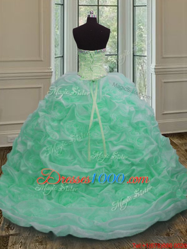 Sleeveless Organza Sweep Train Lace Up Vestidos de Quinceanera in Apple Green for with Beading and Pick Ups