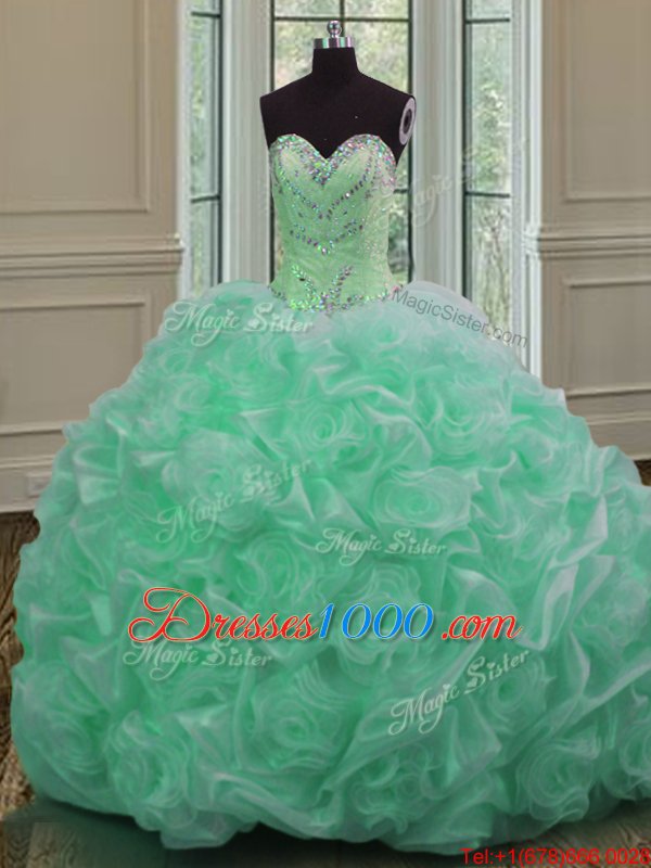 Sleeveless Organza Sweep Train Lace Up Vestidos de Quinceanera in Apple Green for with Beading and Pick Ups