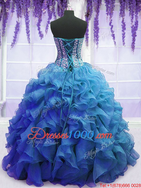 Modern Blue Organza Lace Up Sweetheart Sleeveless Floor Length 15 Quinceanera Dress Beading and Ruffles