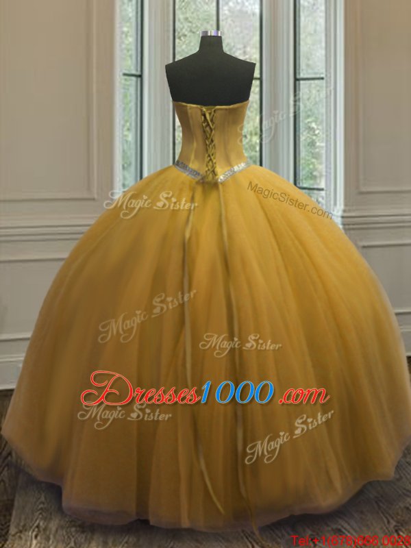 Beading Quinceanera Dress Gold Lace Up Sleeveless Floor Length
