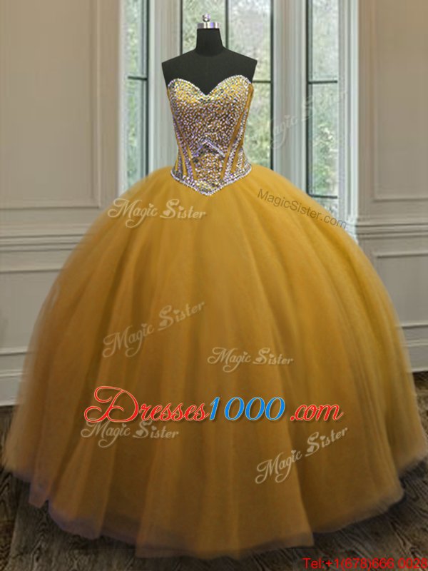 Beading Quinceanera Dress Gold Lace Up Sleeveless Floor Length