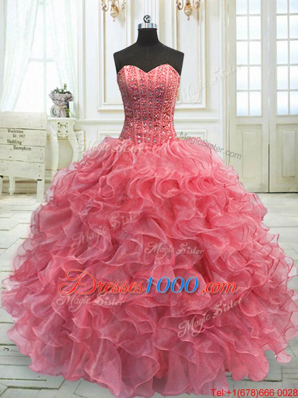 Eye-catching Sweetheart Sleeveless Quinceanera Dress Floor Length Beading and Ruffles Watermelon Red Organza