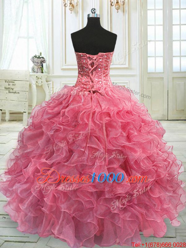 Eye-catching Sweetheart Sleeveless Quinceanera Dress Floor Length Beading and Ruffles Watermelon Red Organza