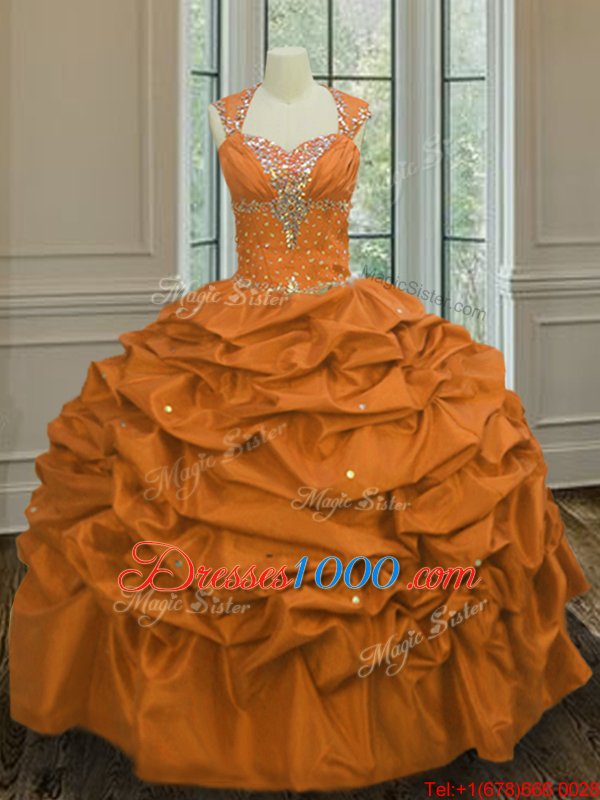 Custom Designed Straps Straps Floor Length Lace Up Quinceanera Dress Orange and In for Military Ball and Sweet 16 and Quinceanera with Beading and Pick Ups