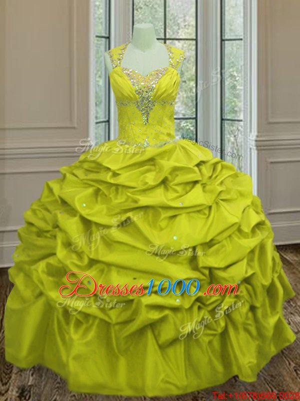 Straps Straps Yellow Green Sleeveless Beading and Pick Ups Floor Length Quinceanera Dresses