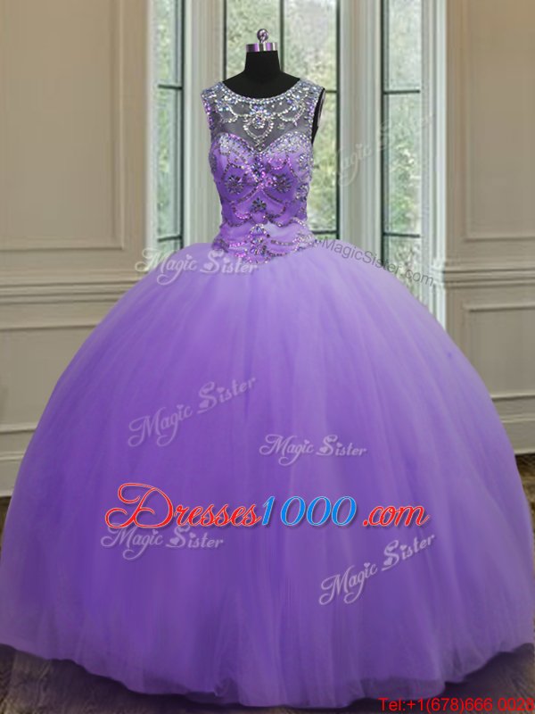 Ball Gowns 15th Birthday Dress Lavender Scoop Tulle Sleeveless Floor Length Lace Up