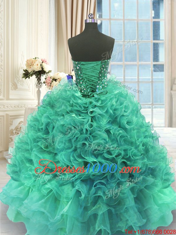 Floor Length Lace Up Sweet 16 Dress Turquoise and In for Military Ball and Sweet 16 and Quinceanera with Beading and Ruffles