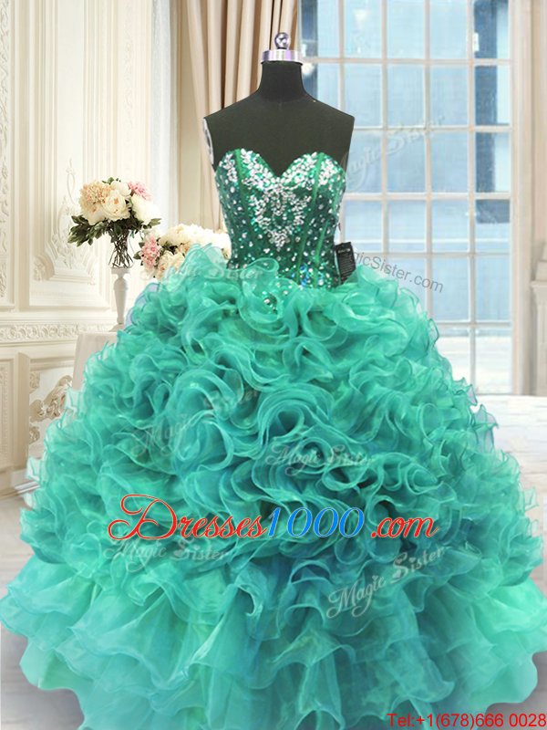 Floor Length Lace Up Sweet 16 Dress Turquoise and In for Military Ball and Sweet 16 and Quinceanera with Beading and Ruffles