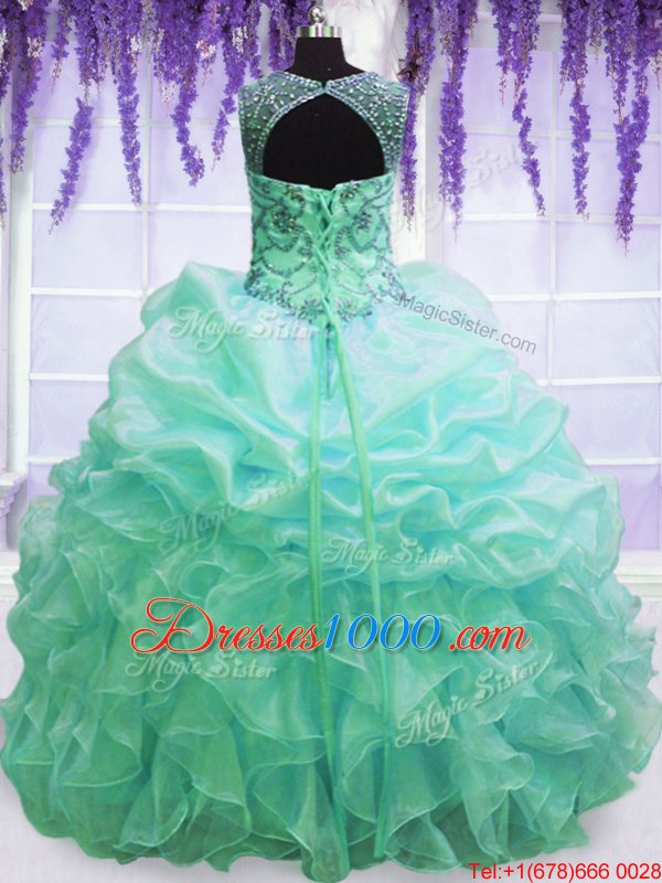 Glittering Turquoise Ball Gown Prom Dress Military Ball and Sweet 16 and Quinceanera and For with Beading and Pick Ups Scoop Sleeveless Lace Up
