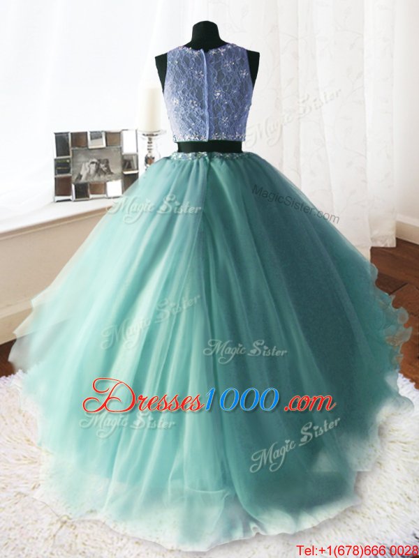 Apple Green Organza and Tulle and Lace Zipper Scoop Sleeveless With Train Quinceanera Dress Brush Train Beading and Lace and Ruffles