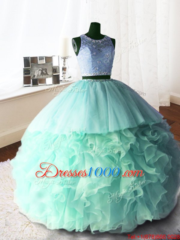 Apple Green Organza and Tulle and Lace Zipper Scoop Sleeveless With Train Quinceanera Dress Brush Train Beading and Lace and Ruffles