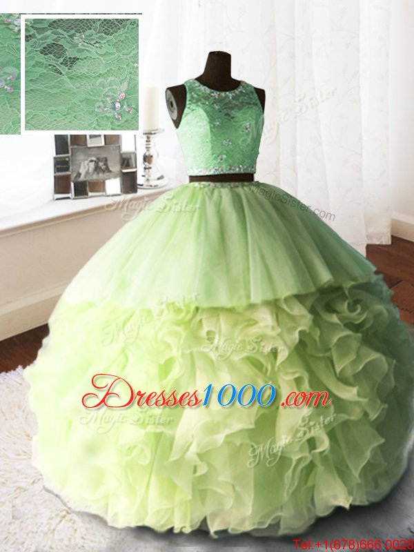 Three Piece Yellow Green Ball Gowns Scoop Sleeveless Organza and Tulle and Lace With Brush Train Zipper Beading and Lace and Ruffles Vestidos de Quinceanera