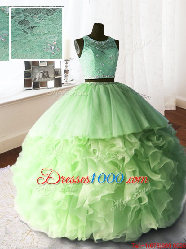 Glamorous Three Piece Brush Train Ball Gowns Quinceanera Dress Yellow Green Scoop Organza and Tulle and Lace Sleeveless With Train Zipper