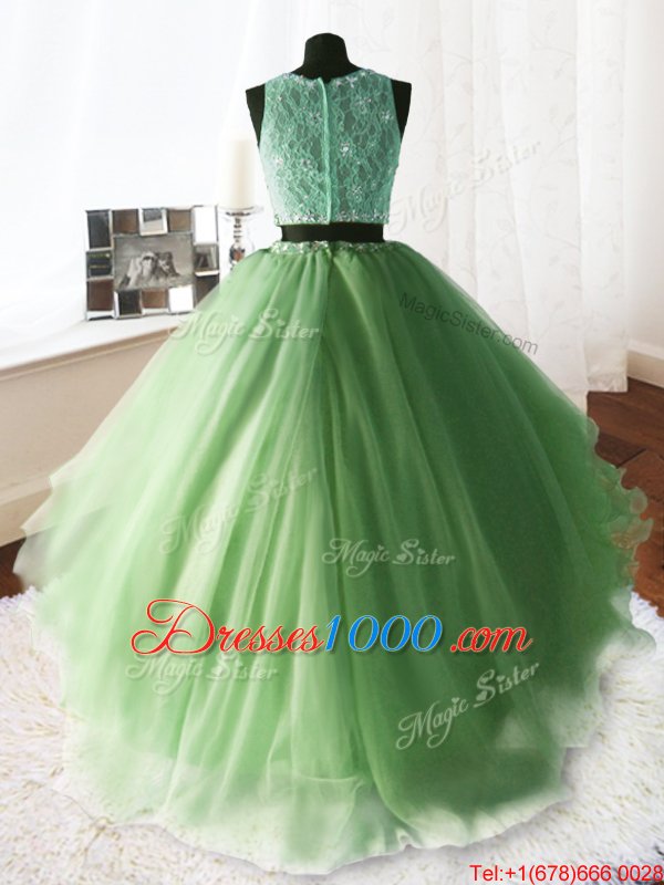 Organza and Tulle and Lace Zipper Scoop Sleeveless With Train Ball Gown Prom Dress Brush Train Beading and Lace and Ruffles