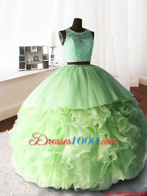 Organza and Tulle and Lace Zipper Scoop Sleeveless With Train Ball Gown Prom Dress Brush Train Beading and Lace and Ruffles