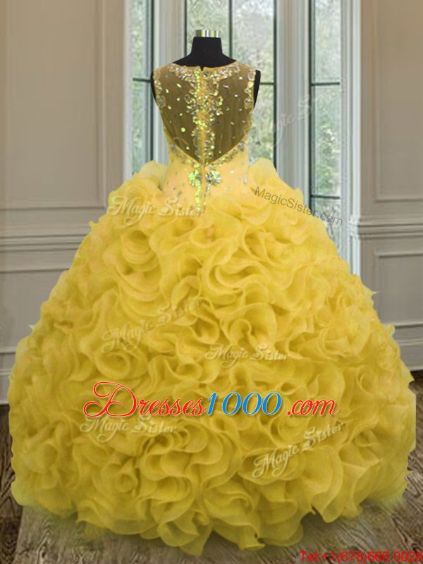 Gold Sleeveless Floor Length Beading and Ruffles Zipper Sweet 16 Quinceanera Dress