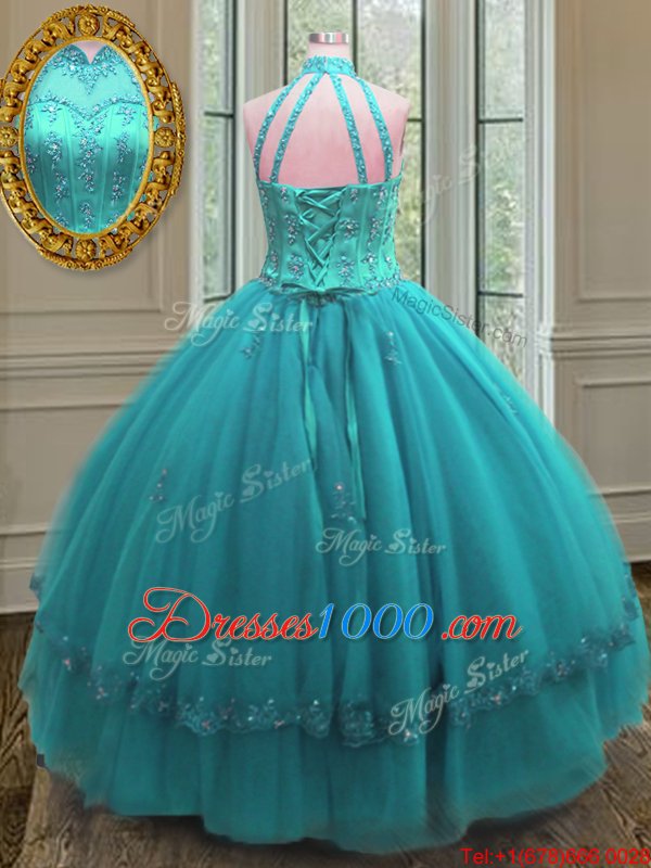 Decent Floor Length Aqua Blue Sweet 16 Dresses High-neck Sleeveless Lace Up