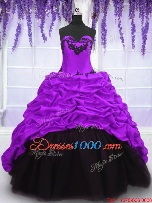 Eye-catching Purple Taffeta Lace Up Sweetheart Sleeveless With Train Quinceanera Dresses Sweep Train Appliques and Pick Ups