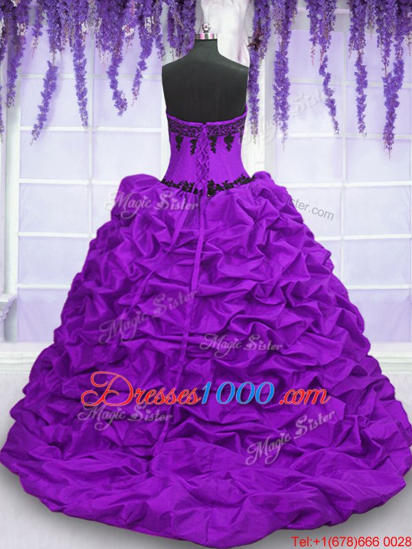 Eye-catching Purple Taffeta Lace Up Sweetheart Sleeveless With Train Quinceanera Dresses Sweep Train Appliques and Pick Ups