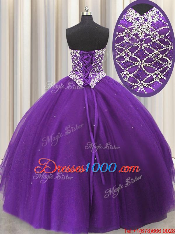 Three Piece Eggplant Purple Sweet 16 Quinceanera Dress Military Ball and Sweet 16 and Quinceanera and For with Beading and Sequins Sweetheart Sleeveless Lace Up