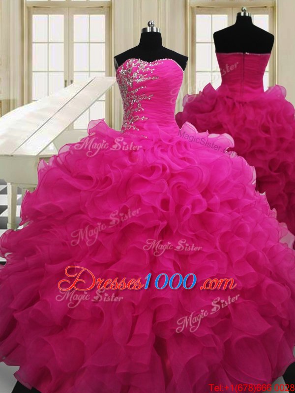Four Piece Sweetheart Sleeveless Zipper Ball Gown Prom Dress Hot Pink Organza