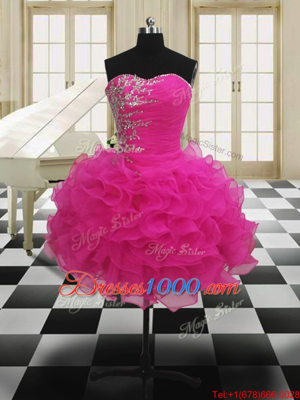Four Piece Sweetheart Sleeveless Zipper Ball Gown Prom Dress Hot Pink Organza