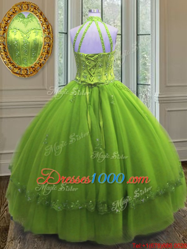 Yellow Green High-neck Neckline Beading and Appliques Sweet 16 Dress Sleeveless Lace Up