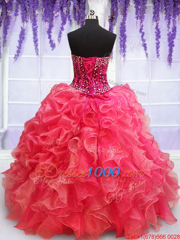 Dynamic Red Ball Gowns Organza Sweetheart Sleeveless Beading and Appliques and Ruffled Layers Floor Length Lace Up Sweet 16 Dresses