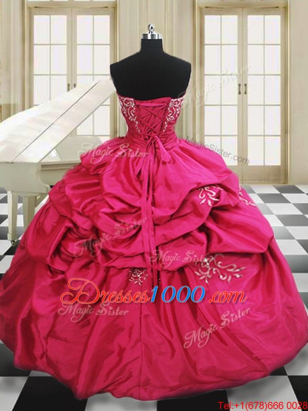 Custom Design Hot Pink Taffeta Lace Up 15th Birthday Dress Sleeveless Floor Length Beading and Embroidery and Pick Ups