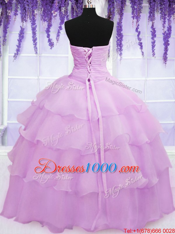 Sleeveless Organza Floor Length Lace Up 15 Quinceanera Dress in Lilac for with Beading and Ruffled Layers and Hand Made Flower