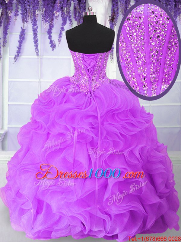 Trendy Lilac Sleeveless Floor Length Beading and Ruffles Lace Up 15th Birthday Dress