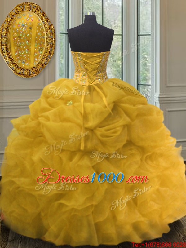 Charming Sweetheart Sleeveless Quince Ball Gowns Floor Length Beading and Ruffles and Pick Ups Gold Organza