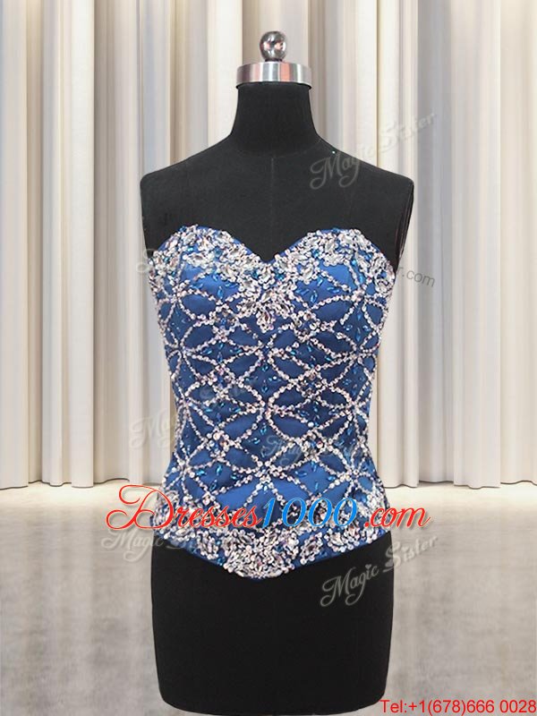Three Piece Sequins Floor Length Ball Gowns Sleeveless Blue Quinceanera Gowns Lace Up