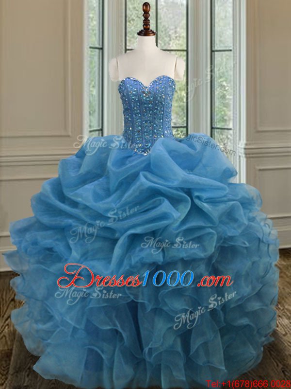 Luxury Blue Lace Up Quince Ball Gowns Beading and Ruffles Sleeveless Floor Length