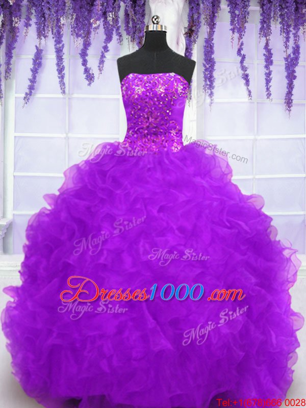 Eggplant Purple Ball Gowns Organza Strapless Sleeveless Beading and Appliques and Ruffles With Train Lace Up 15th Birthday Dress Brush Train