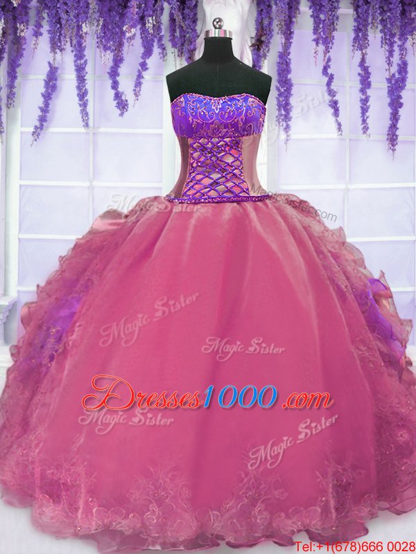 Hot Pink Lace Up Strapless Embroidery and Ruffles Sweet 16 Dress Organza Sleeveless