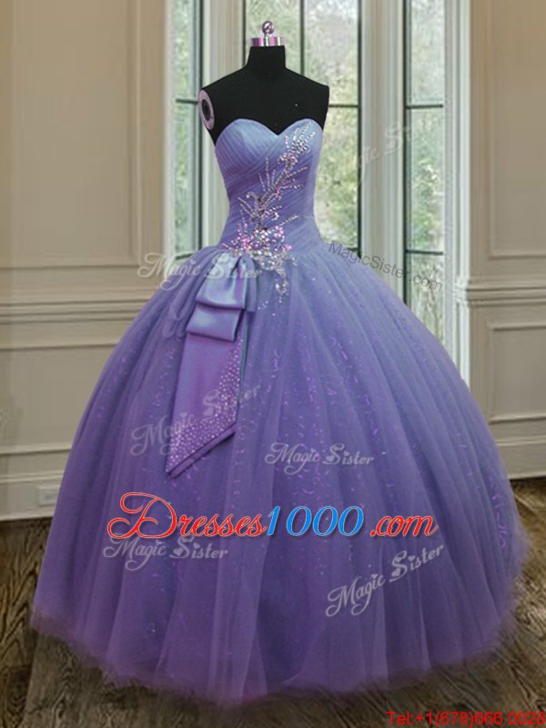 Lavender Sleeveless Tulle and Sequined Lace Up 15 Quinceanera Dress for Military Ball and Sweet 16