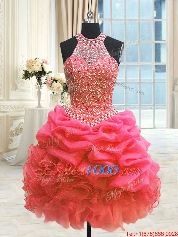 Three Piece Red Organza Lace Up Sweet 16 Dress Sleeveless Floor Length Beading and Pick Ups