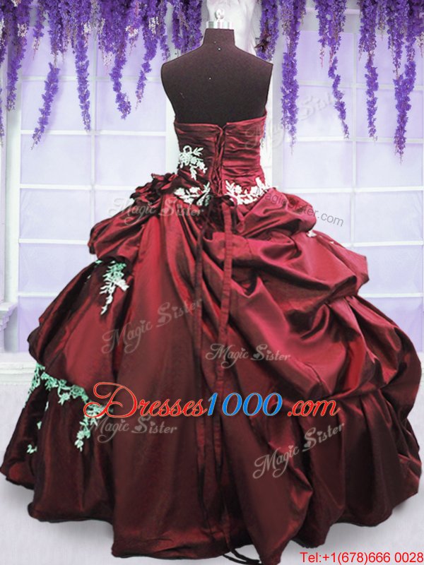 Burgundy Ball Gowns Taffeta Halter Top Sleeveless Beading and Appliques and Pick Ups Floor Length Lace Up 15th Birthday Dress
