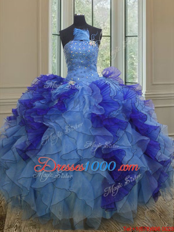 Smart Sleeveless Floor Length Beading and Ruffles Lace Up 15 Quinceanera Dress with Multi-color