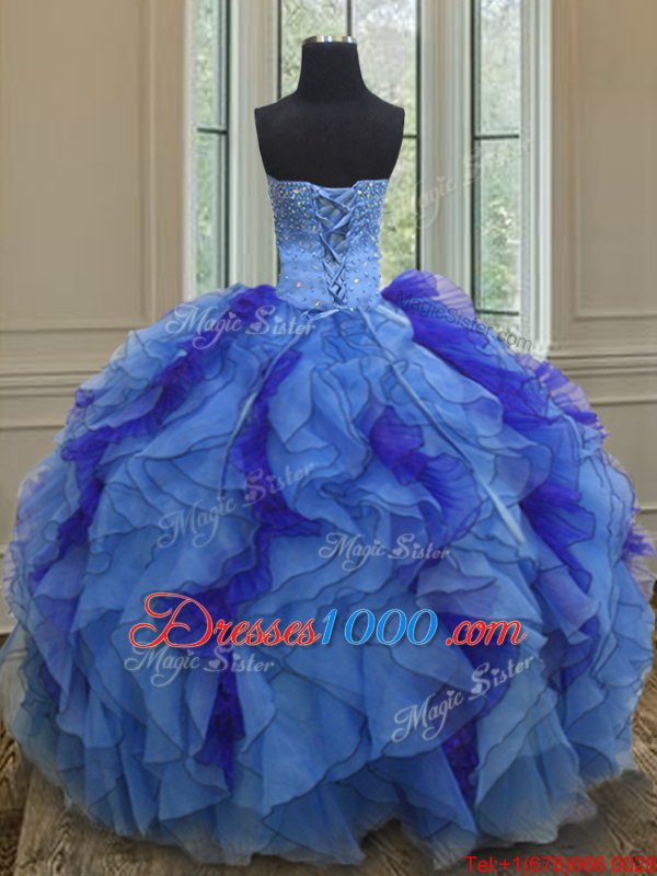 Smart Sleeveless Floor Length Beading and Ruffles Lace Up 15 Quinceanera Dress with Multi-color