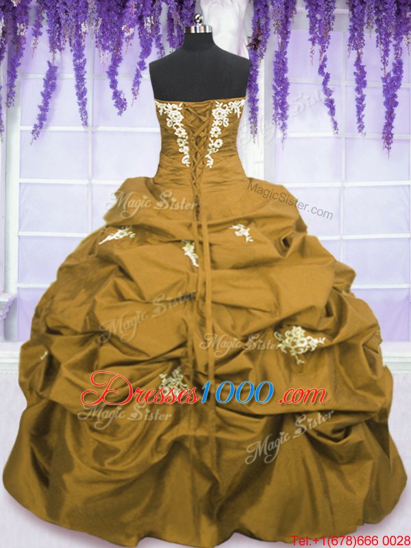 Fitting Strapless Sleeveless Quinceanera Dresses Floor Length Appliques and Pick Ups Brown Taffeta