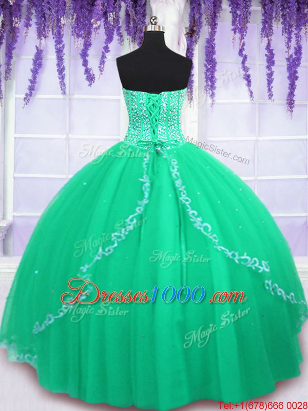 Chic Tulle Sweetheart Sleeveless Lace Up Beading and Sequins Quinceanera Gown in Green