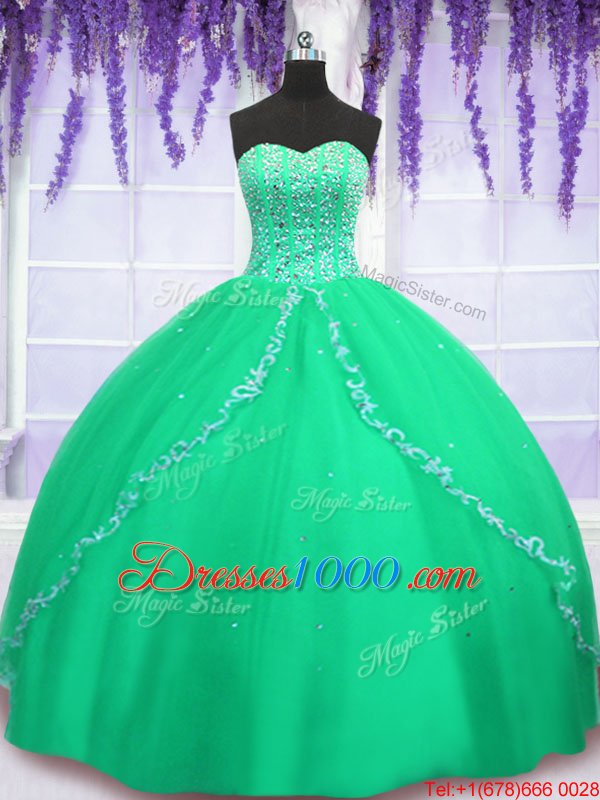 Chic Tulle Sweetheart Sleeveless Lace Up Beading and Sequins Quinceanera Gown in Green