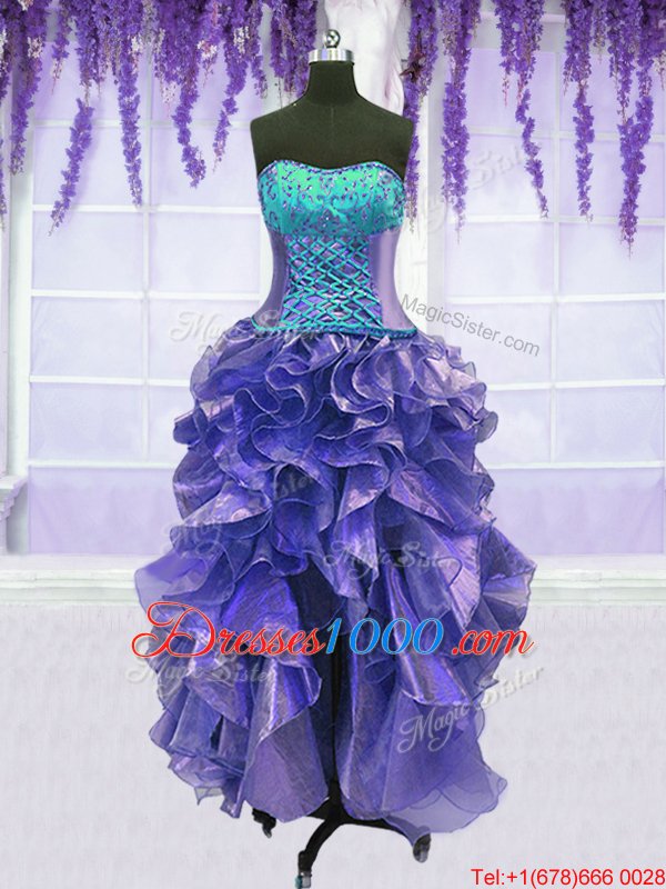Shining Four Piece Lavender Sleeveless Embroidery and Ruffles Floor Length Sweet 16 Quinceanera Dress